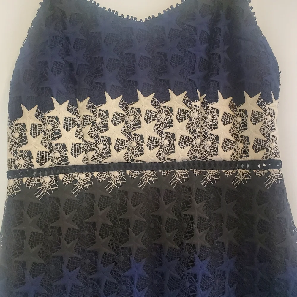 BEBE Size 10 Stars & Stripes adjustable straps empire waist crochet mini dress - Picture 6 of 10